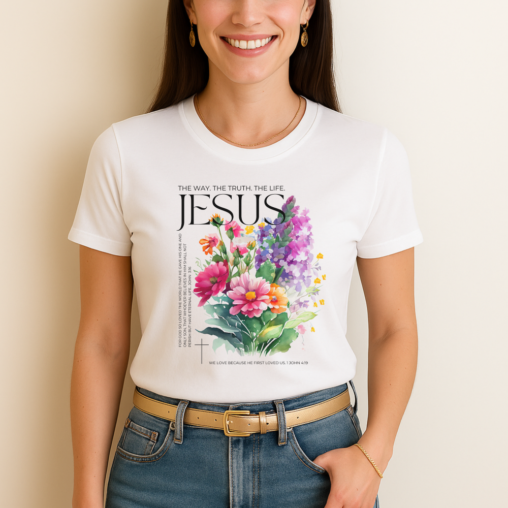 woman wearing "the way. the truth. the life." christian t shirts with floral design on a beige background