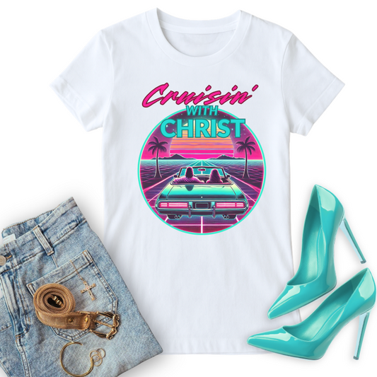 Cruisin' with Christ women's christian t shirt, paired with jeans, gold accessories, and teal stilettos. 