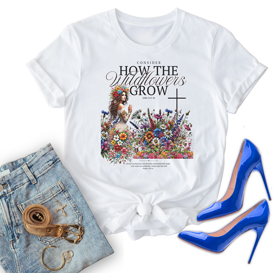"consider how the wildflowers grow" christian t shirts with graphic design, blue jeans, and blue high-heeled shoes on a white background