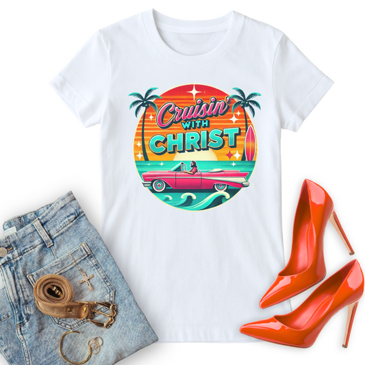 Cruisin' with Christ, Christian T shirt, paired with Jeans, gold accessories and orange heels