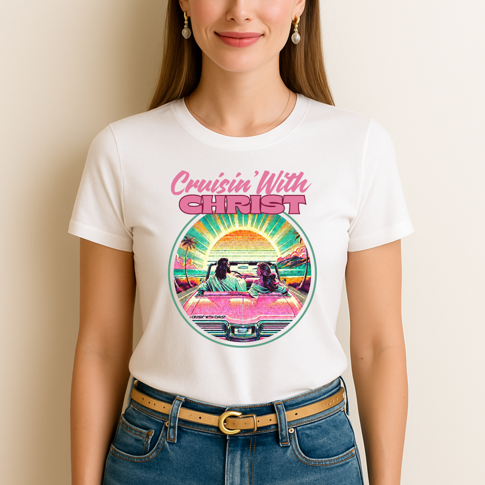 Person wearing a white christian t-shirt with 'Cruisin' With Christ' graphic design.