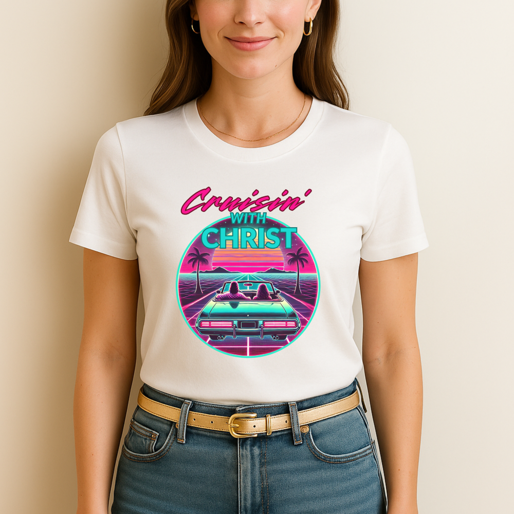 woman wearing a christian t-shirt  'cruisin' with christ' graphic design featuring a car and palm trees. 