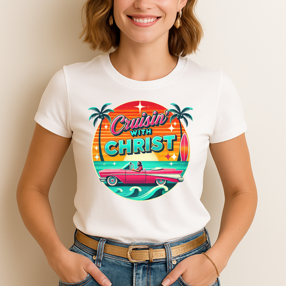 a woman wearing a white  t-shirt with a colorful graphic 