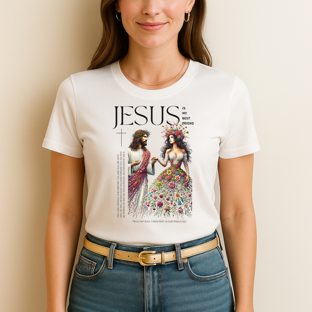 jesus is my best friend. christian t shirts, woman wearing a white t-shirt with a christian graphic design and text.