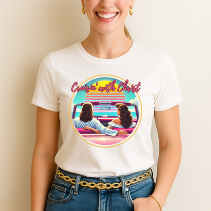 Cruisin' with Christ, Christian T-shirts, woman wearing a white t-shirt with a graphic design of two people in a car.