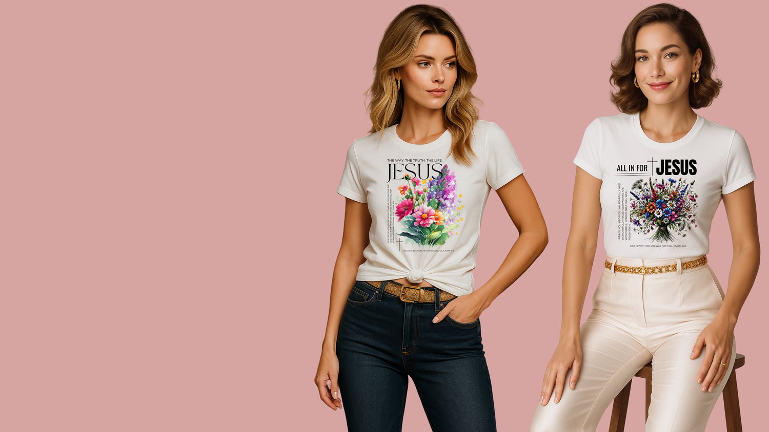  women wearing christian t-shirts with floral designs and text on a pink background