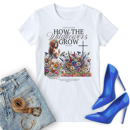How The Wildflowers Grow Christian T shirt, paired with jeans, accessories and Blue stilettos