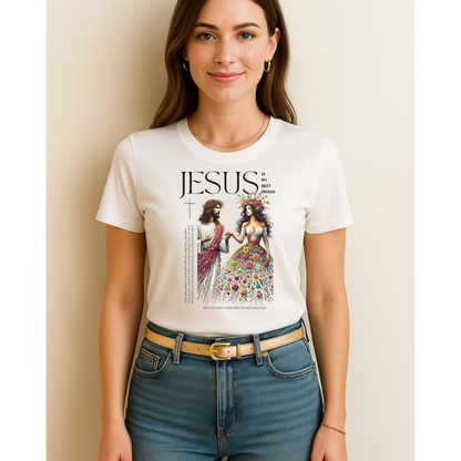 unisex Christian t-shirt with 'Jesus My Best Friend', front view, Woman wearing a white t-shirt with a graphic design featuring Jesus and a women.
