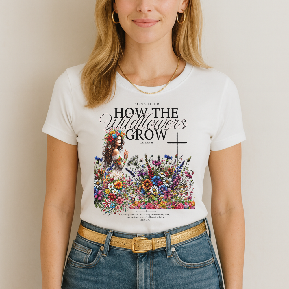 How The Wildflowers Grow Christian T shirt, woman wearing a white christian t-shirt with a colorful graphic and text against a plain background