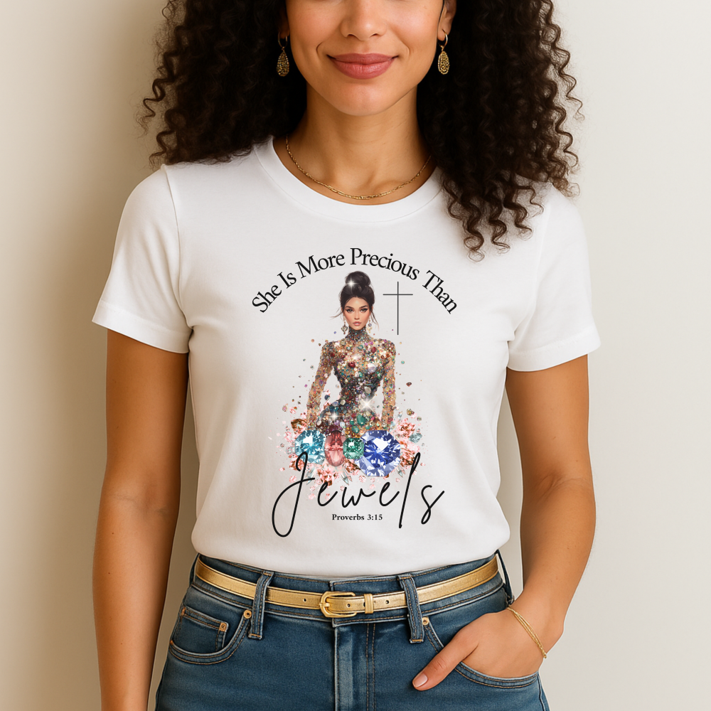 She is More Precious Than jewels, unisex christian t shirts, Woman wearing a white t-shirt with a graphic design and text.
