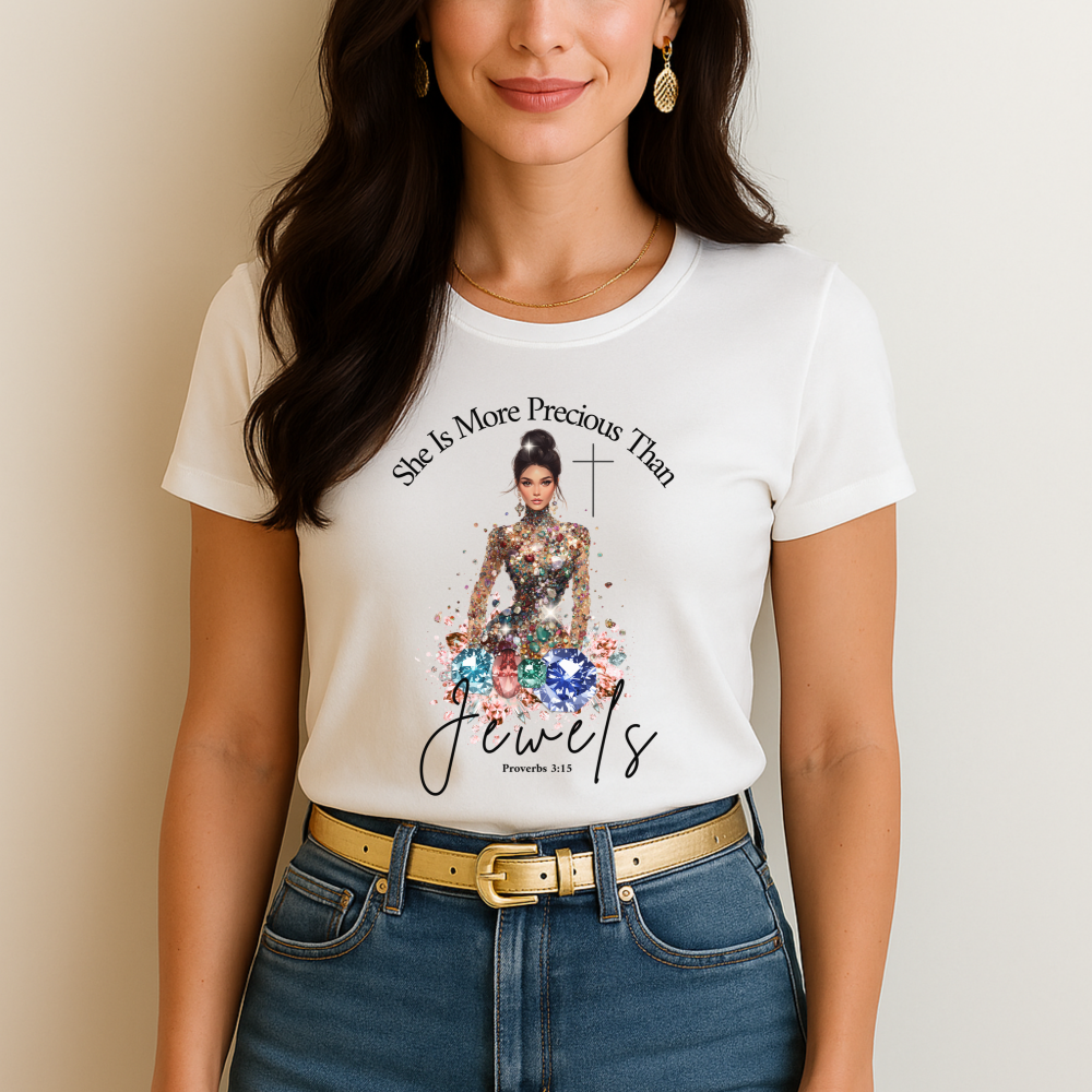 christian t-shirt, she is more precious than jewels, Woman wearing a white t-shirt with a graphic design and text.