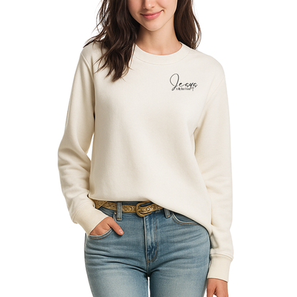 Jesus Is My Best Friend, Jesus Sweatshirt, Christian sweatshirt, Person wearing a cream christian sweatshirt with a logo and blue jeans on a white background