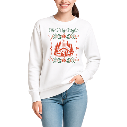 Oh Holy Night, Christmas Sweater, model wearing the Christian sweater
