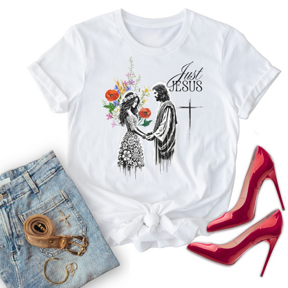 White Christian t-shirt with 'All in for Jesus' design, paired with jeans and red high heels on a white background.