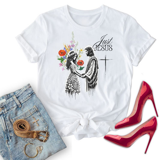 White Christian t-shirt with 'All in for Jesus' design, paired with jeans and red high heels on a white background.