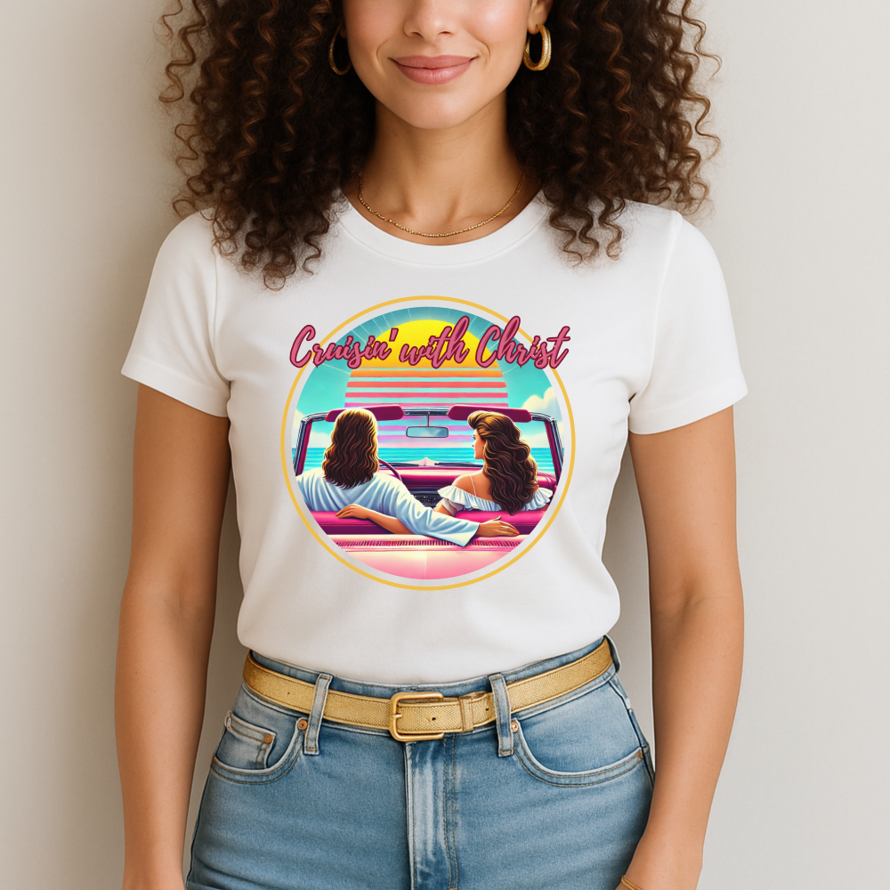 Cruisin' with Christ, oldies t-shirt, Jesus shirt, christian t-shirt, woman wearing a white Christian tee.