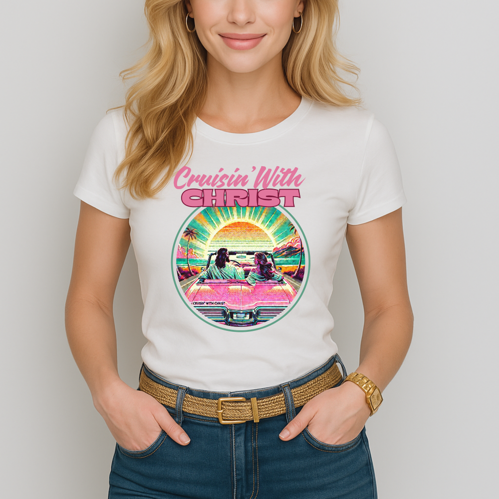 cruisin' with christ christian t shirt for women, women wearing a chirstian t-shirt.