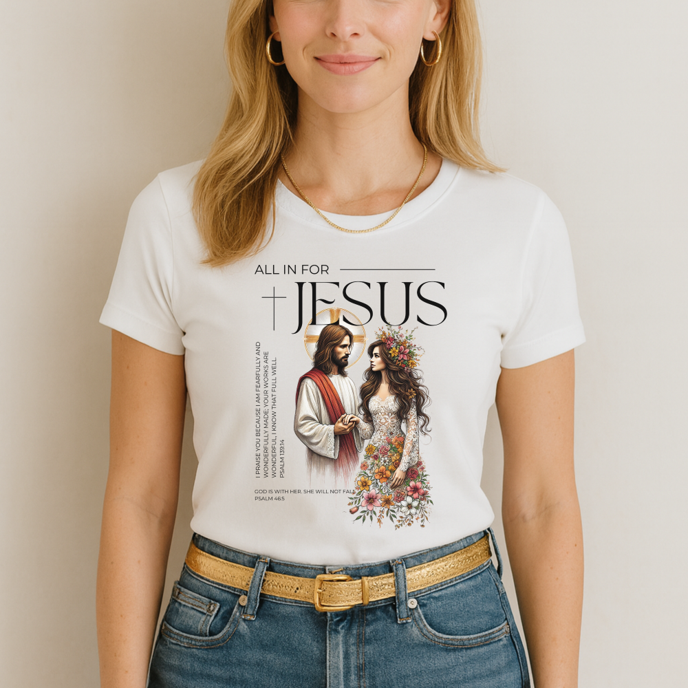 woman wearing a white christian t-shirt with 'All in for Jesus' design featuring religious figures. 