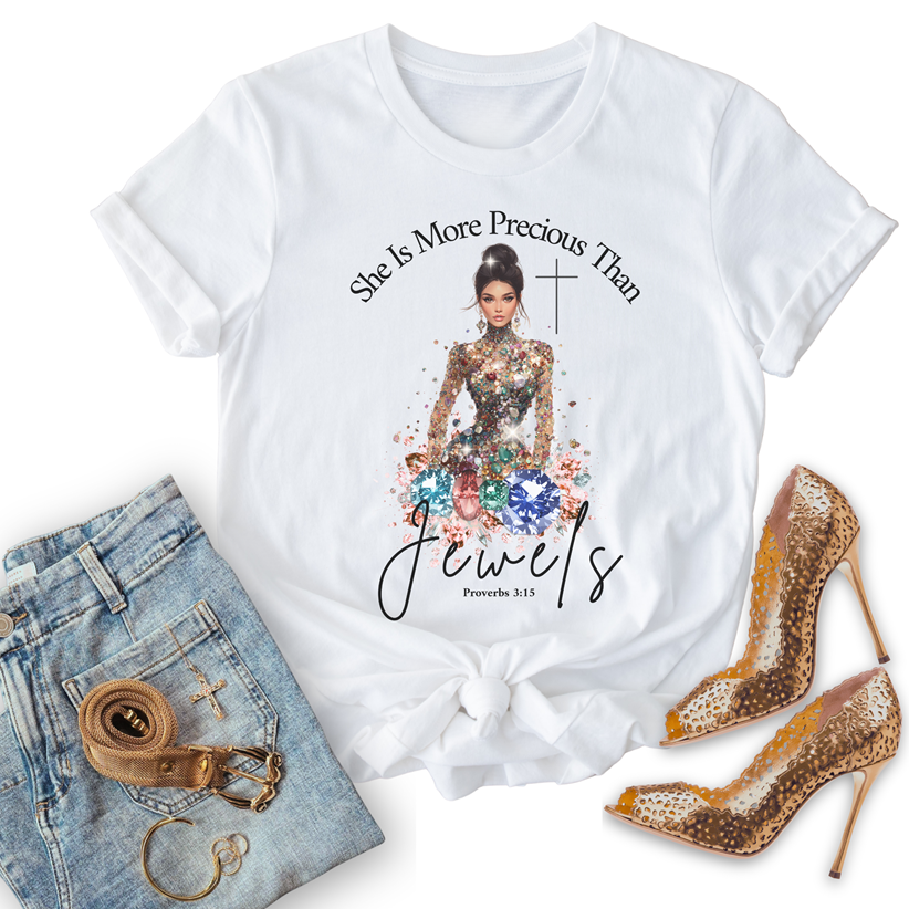 she is more precious than jewels, unisex christian t shirts, paired with jeans, gold accessories, and gold peep toe stiletto heels