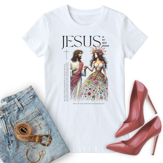 Jesus is my best friend. Christian t-shirts, paired with jeans, gold accessories, and heels
