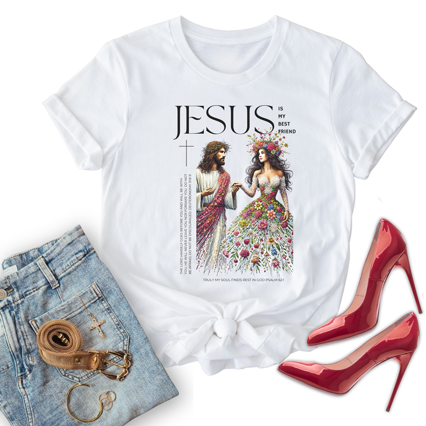white unisex christian t-shirt with 'jesus my best friend' design, paired with jeans and red high heels on a white background.