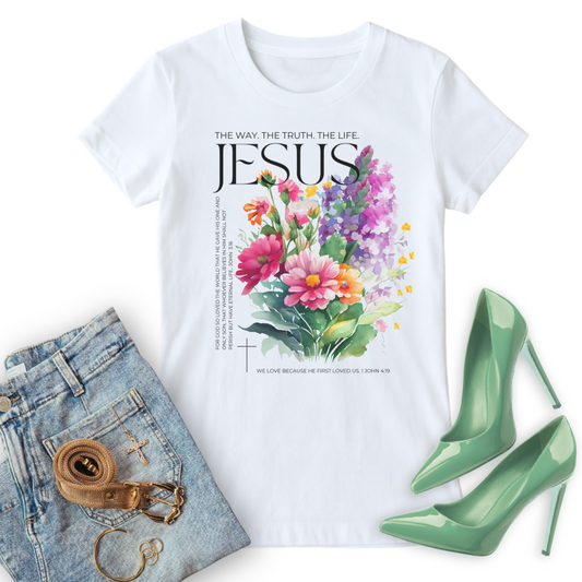 The Way. The Truth. The Life. Christian T shirt, paired with jeans, gold accessories and green stilettos.