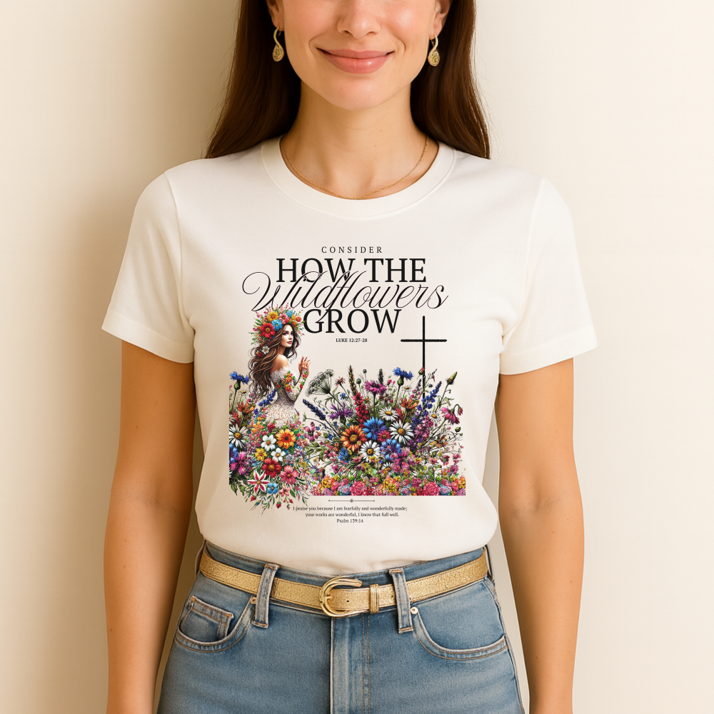 "consider how the wildflowers grow" christian t shirts, woman wearing a white t-shirt with a colorful graphic and text against a plain background