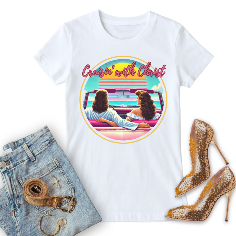 cruisin' with christ, oldies t-shirt, jesus shirt, christian t-shirt, paired with jeans, accessories and gold heels.