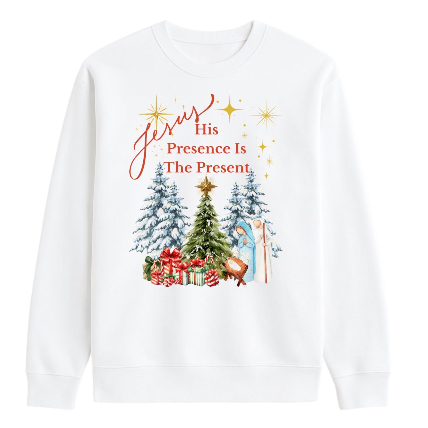 jesus, his presence is the present, christmas sweater, christian sweater.