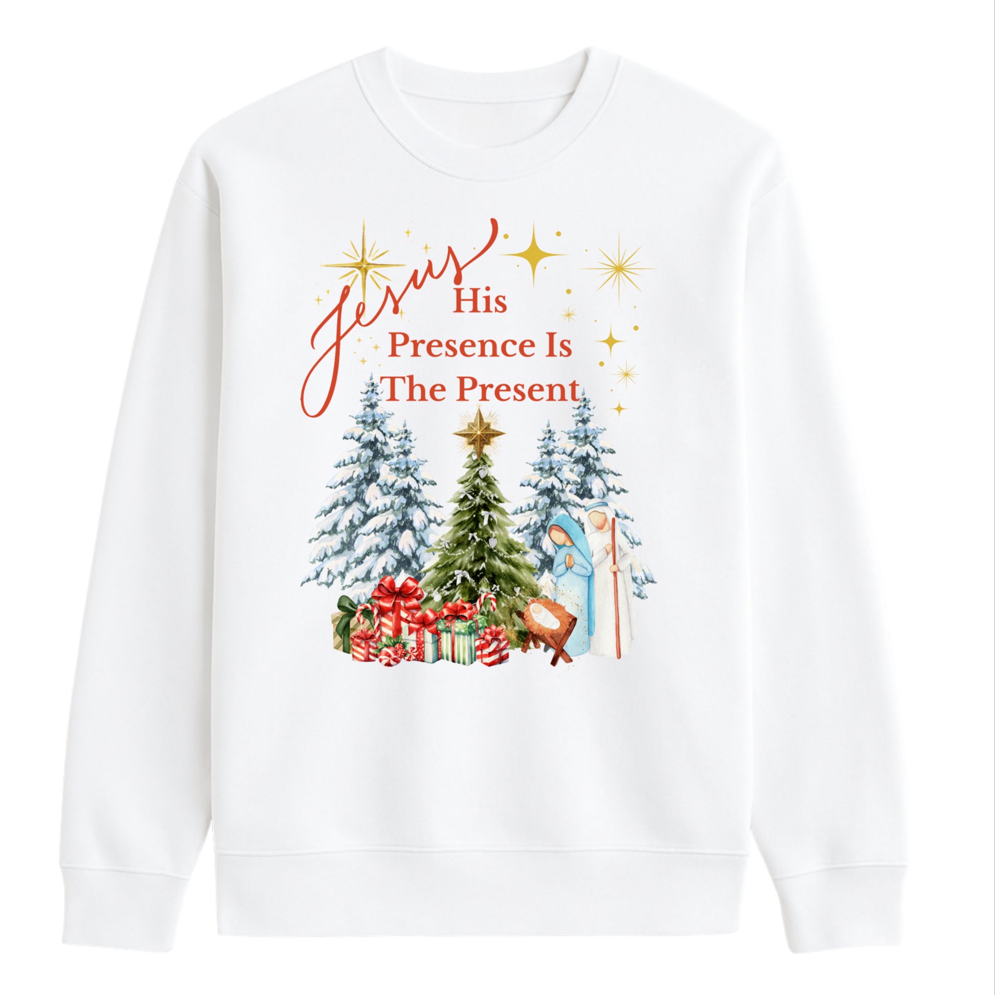 Jesus, His presence is the present, Christmas sweater, christian sweater.