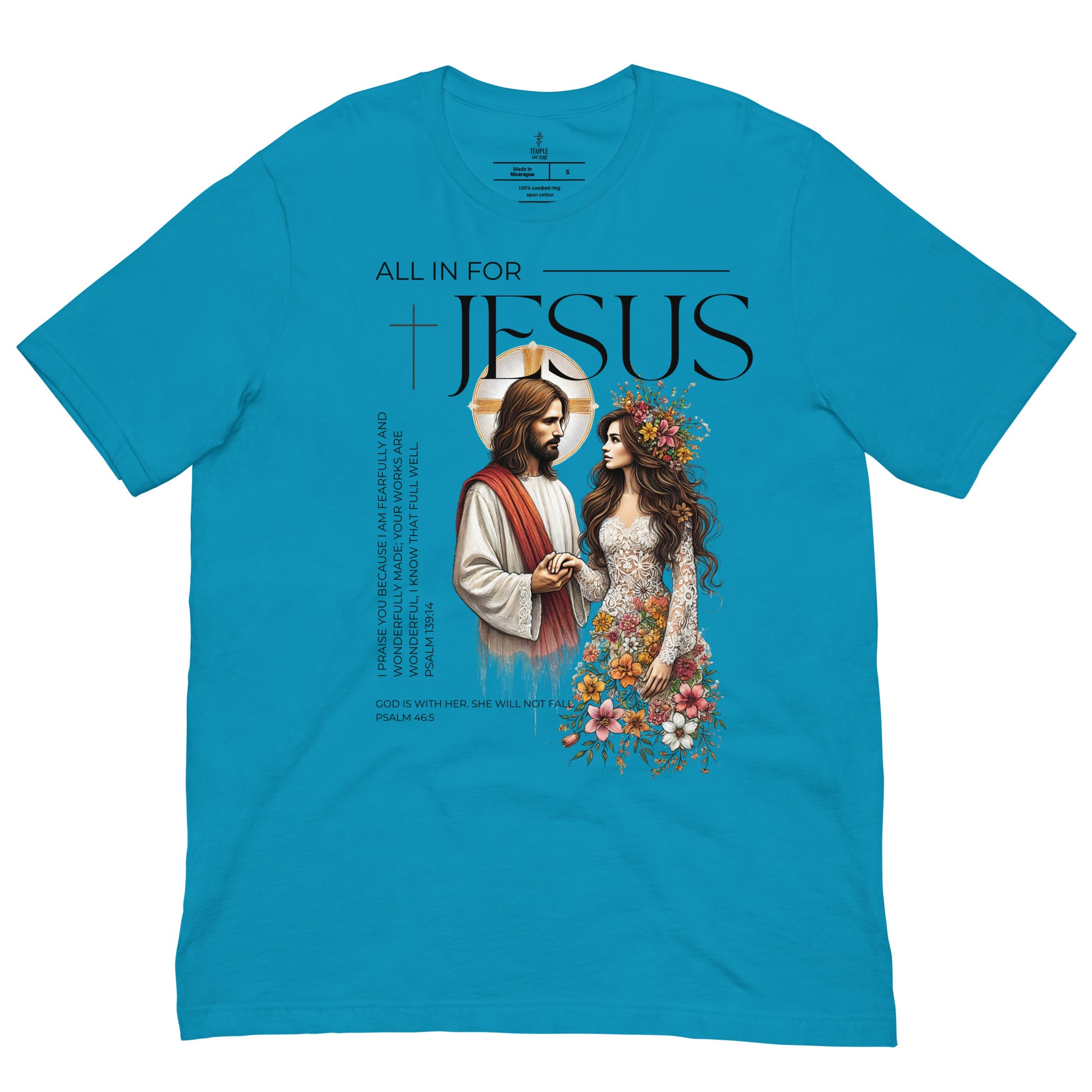 Unisex  'All in for Jesus' christian t shirt, front view, aqua