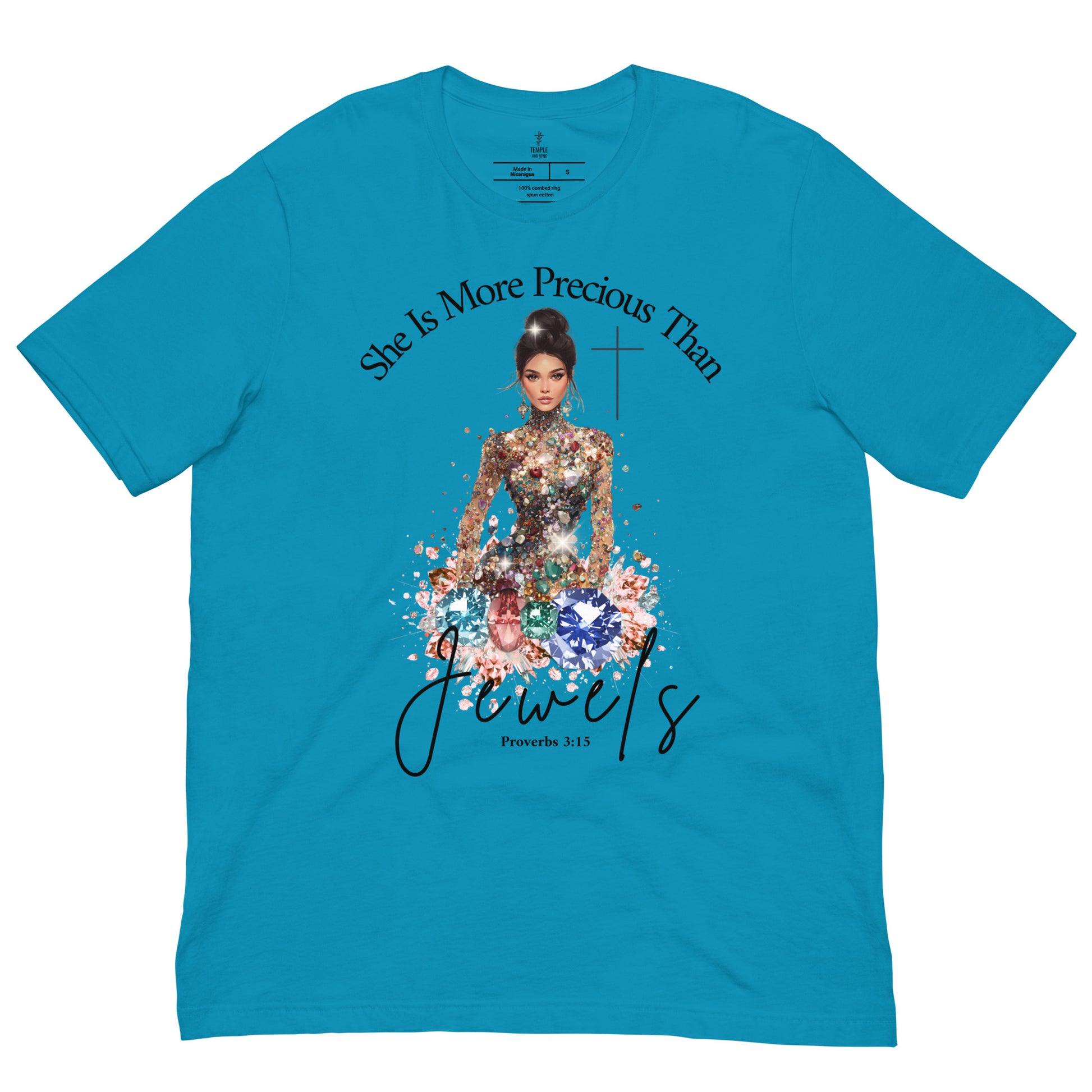 She is More Precious Than jewels, unisex christian t shirts, front view, aqua