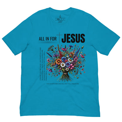 unisex All In For Jesus Christian T Shirt, front view, aqua