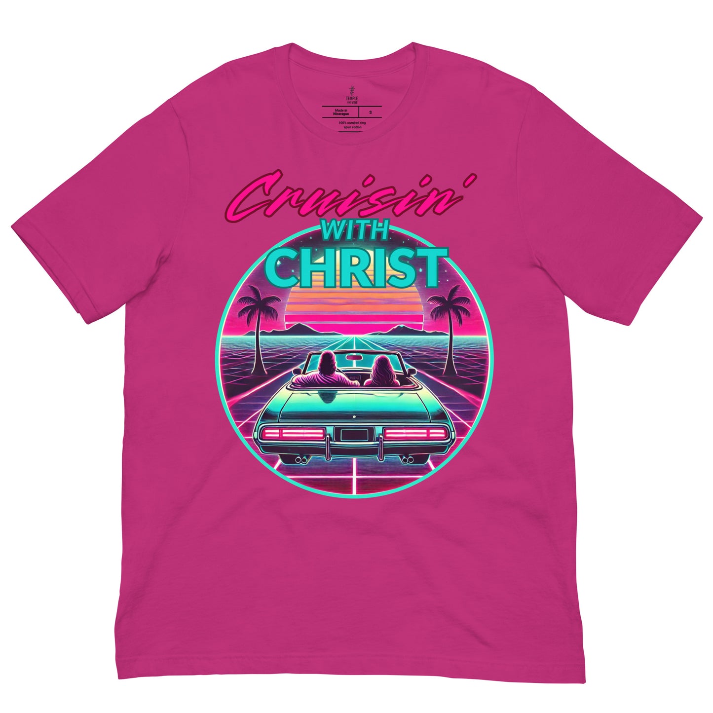 christian t-shirt  'cruisin' with christ' graphic design featuring a car and palm trees. front, berry