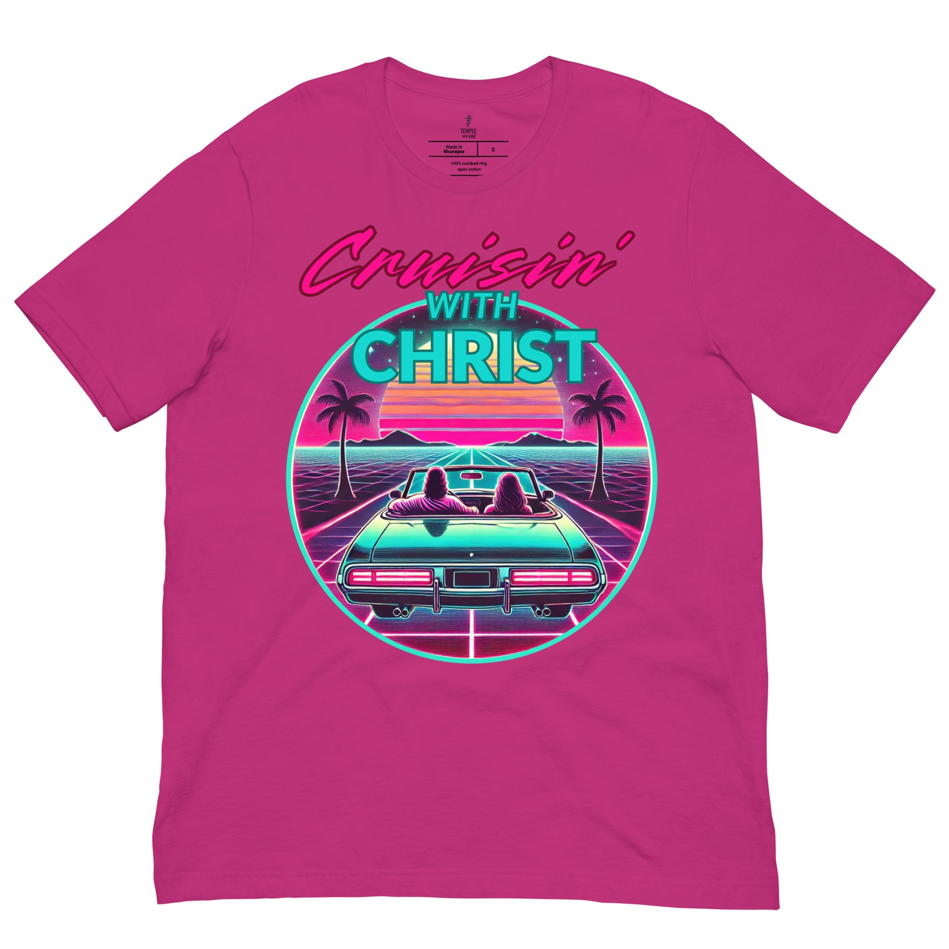 Christian t-shirt  'Cruisin' with Christ' graphic design featuring a car and palm trees. front, berry