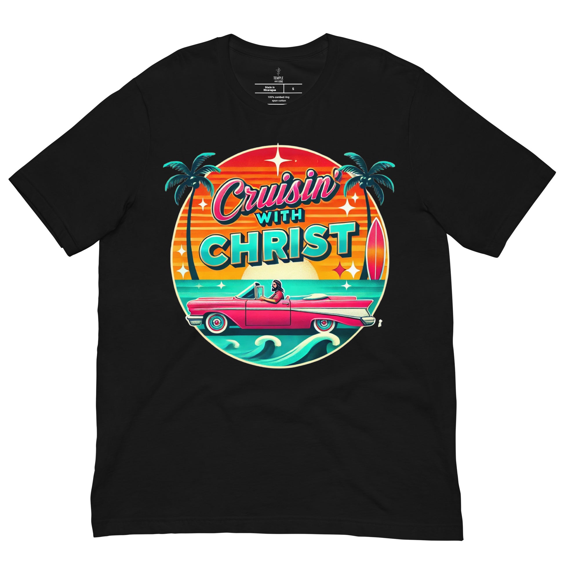 Christian t-shirts with 'Cruisin' with Christ' design, front view, black