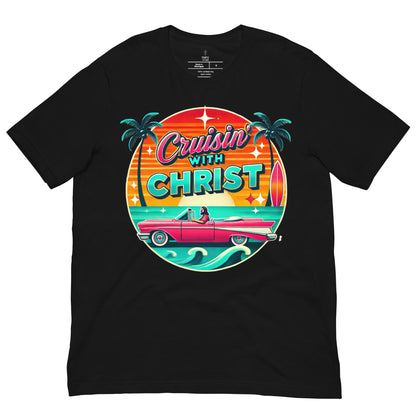 Christian t-shirts with 'Cruisin' with Christ' design, front view, black
