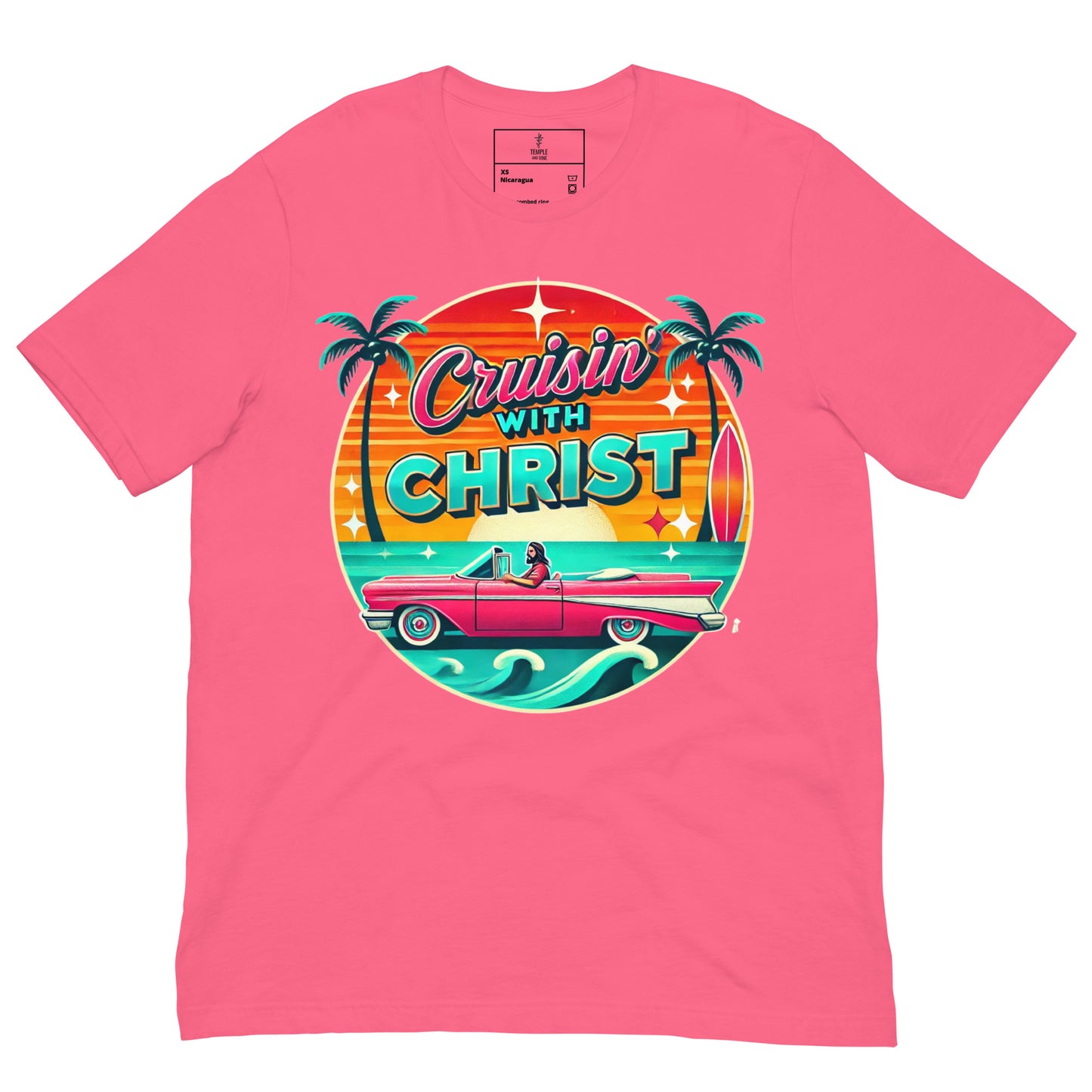 christian t-shirts with 'cruisin' with christ' design, front view, pink