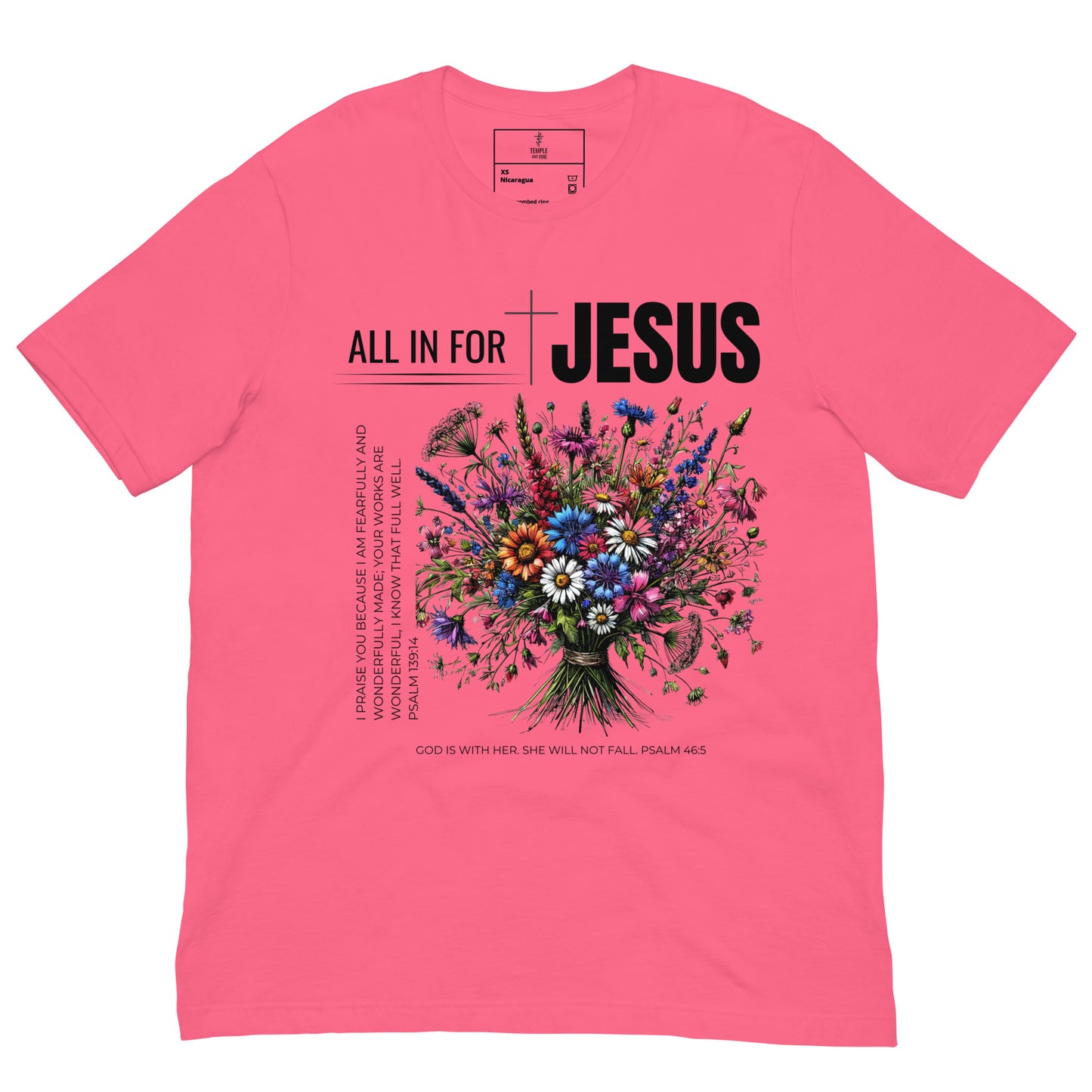 unisex all in for jesus christian t shirt, front view, pink