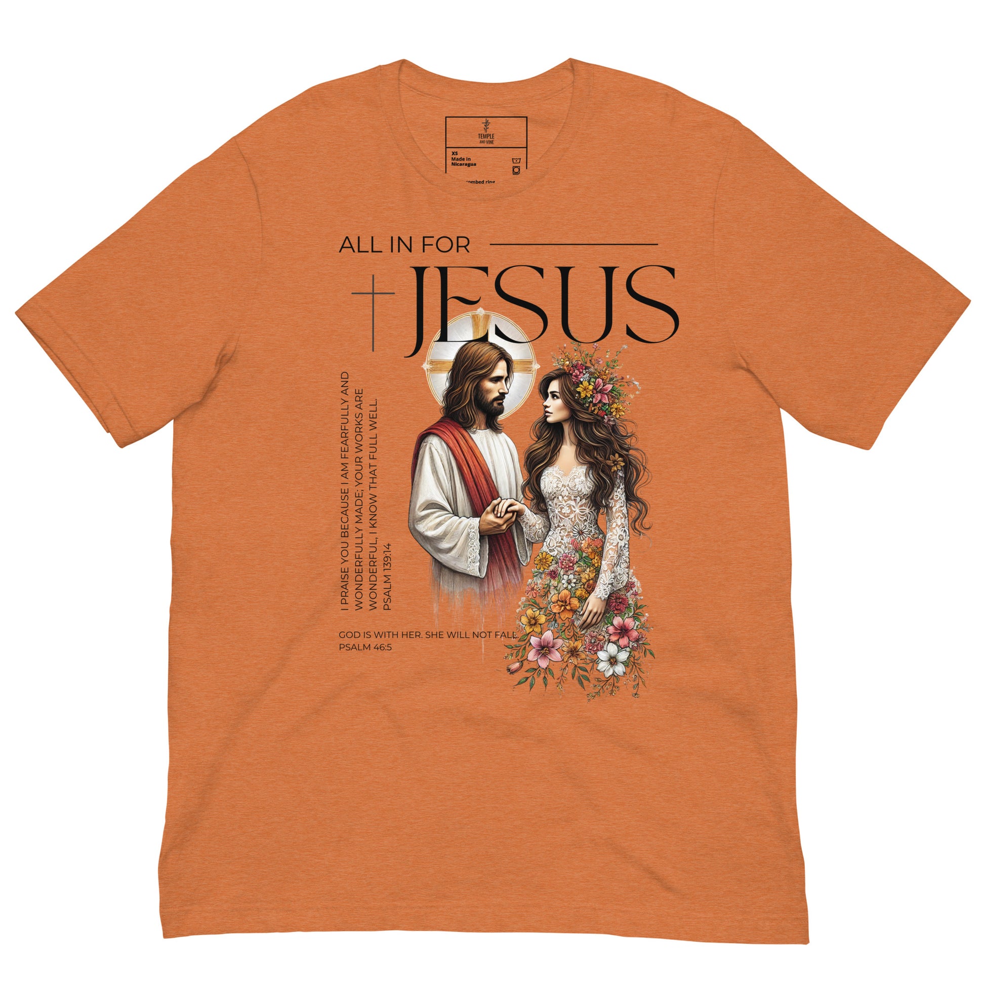 Unisex  'All in for Jesus' christian t shirt, front view, orange