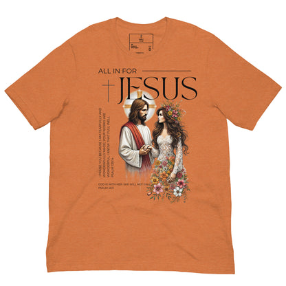 Unisex  'All in for Jesus' christian t shirt, front view, orange
