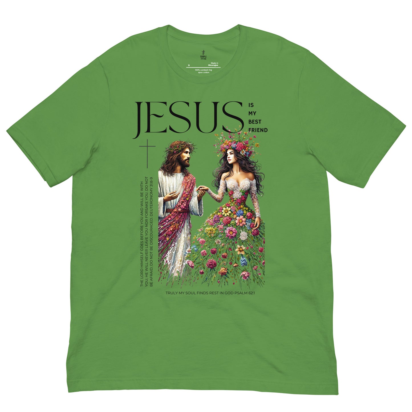 unisex christian t-shirt with 'jesus my best friend', front view, green