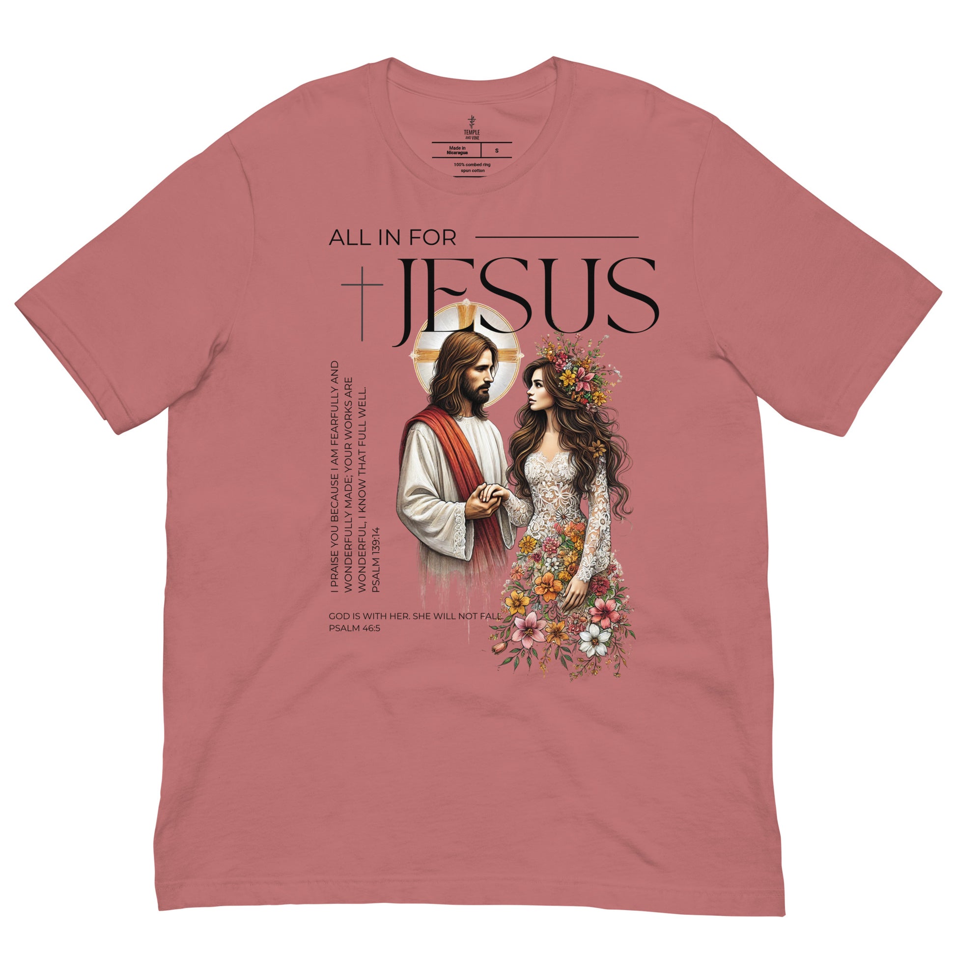 Unisex  'All in for Jesus' christian t shirt, front view, muave