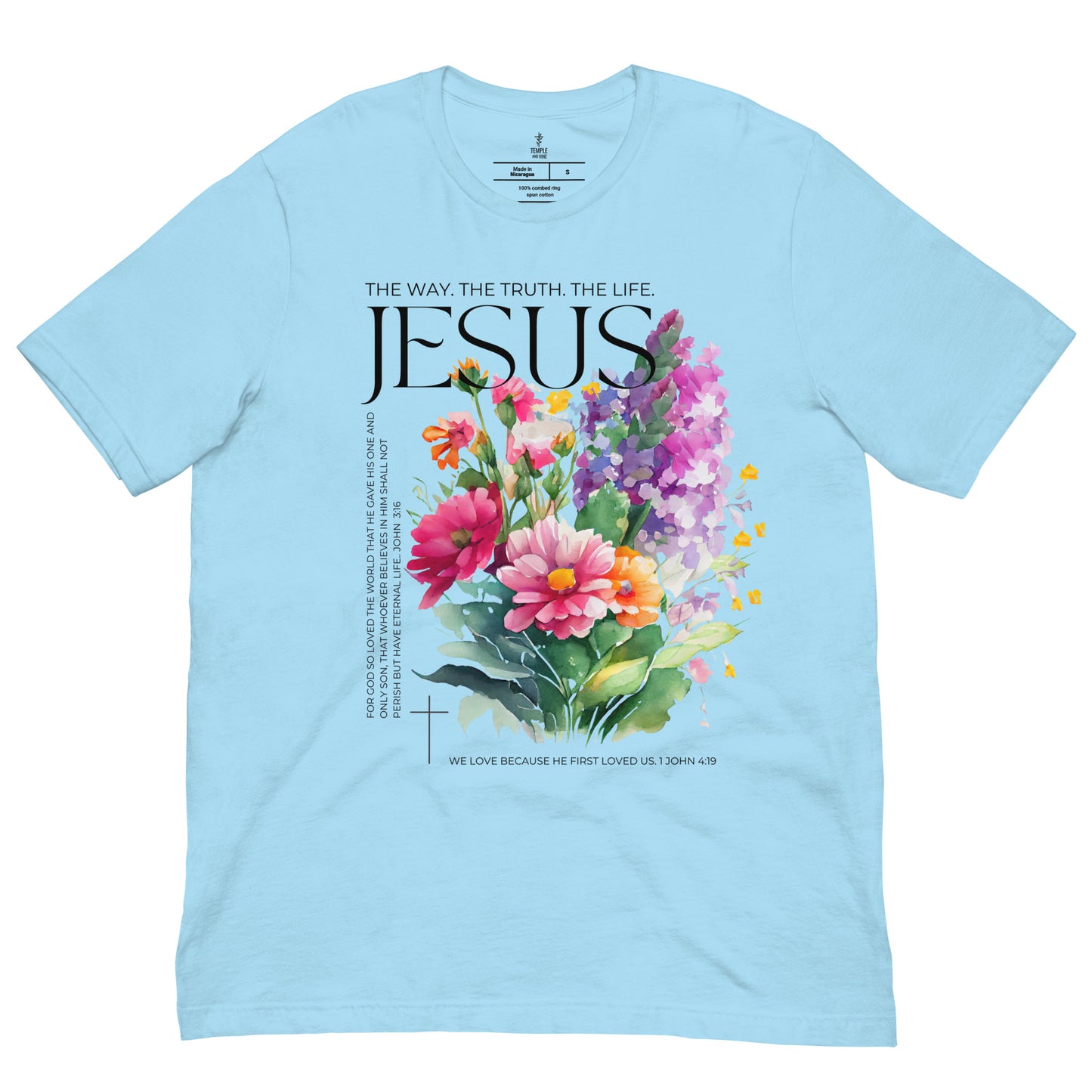 "the way. the truth. the life." christian t shirts. front view, ocean blue