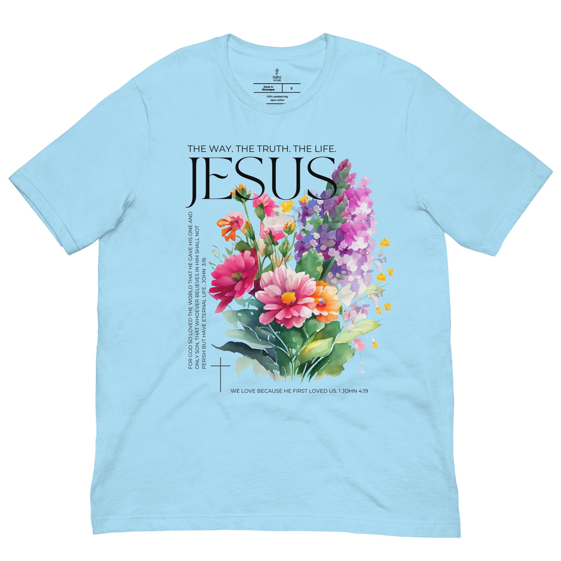 "The way. The Truth. The Life." Christian t shirts. front view, ocean blue