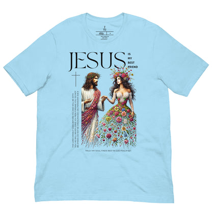 unisex Christian t-shirt with 'Jesus My Best Friend', front view, ocean blue