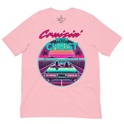 Christian t-shirt  'Cruisin' with Christ' graphic design featuring a car and palm trees. front, pink