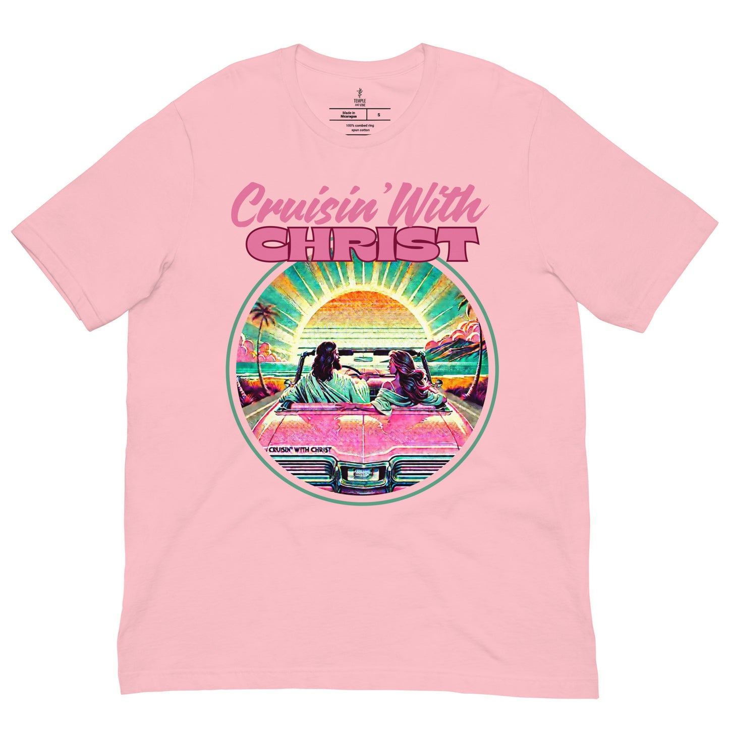 christian t-shirts with 'cruisin' with christ' design, front view, pink