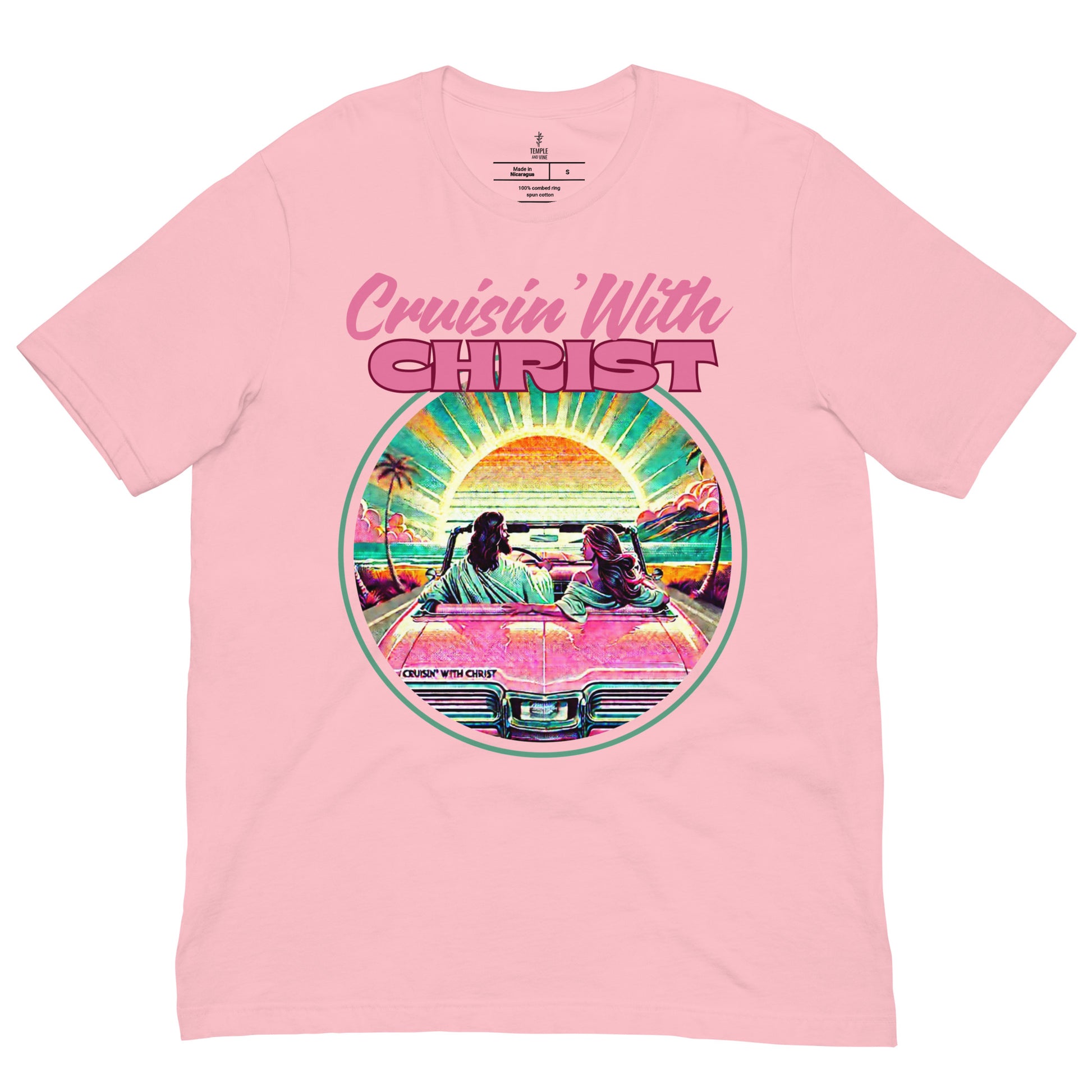 christian t-shirts with 'Cruisin' With Christ' design, front view, pink
