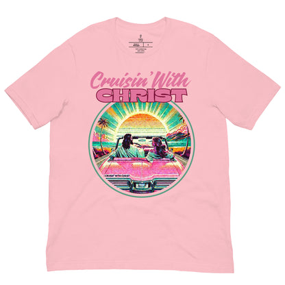 christian t-shirts with 'Cruisin' With Christ' design, front view, pink